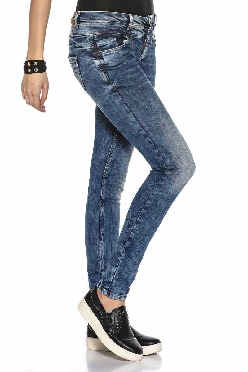 WD379 Damen Slim-Fit-Jeans mit coolem Doppel-Bund in Skinny Fit