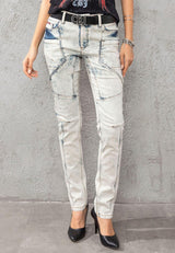 WD382 Femmes jeans minces avec conception de couture extravagante en ajustement droit