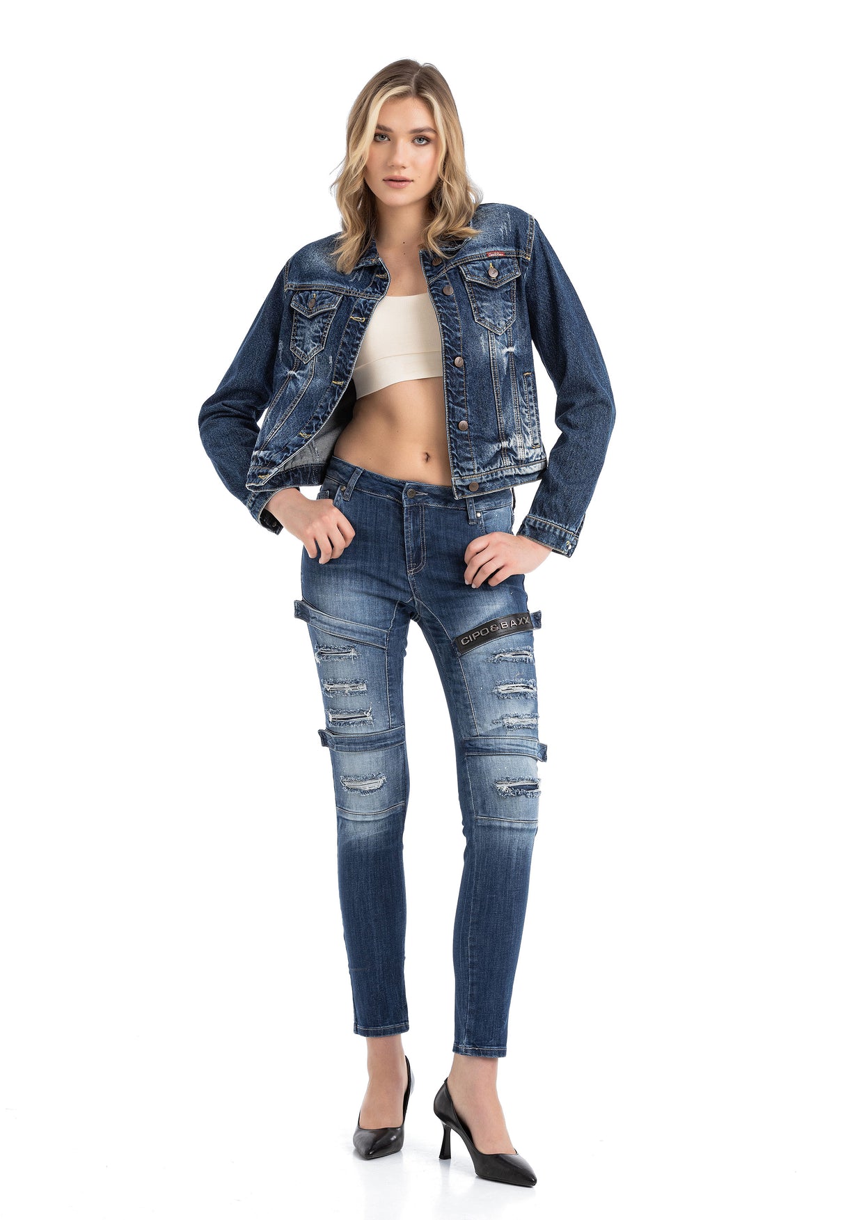 WD383 Jeans Skinny para mujeres estilo motociclista 