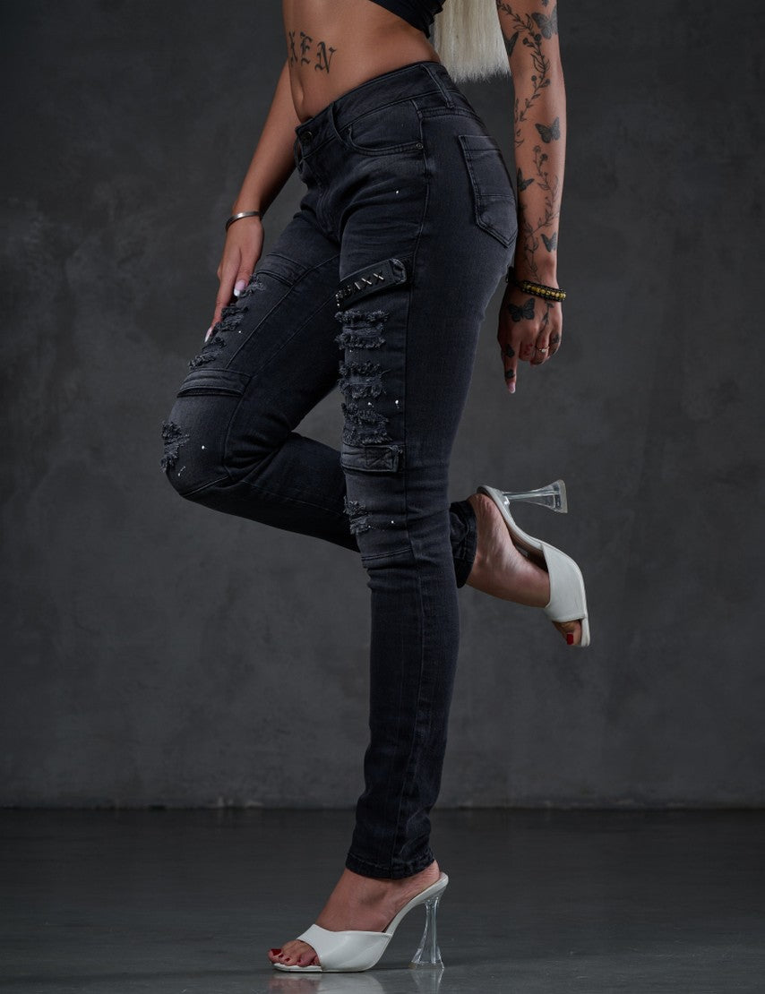 WD383 Jeans Skinny para mujeres estilo motociclista 