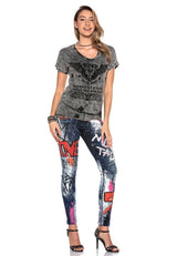 WD399 Pantalon femme Jeans biker avec imprimés et décorations colorées