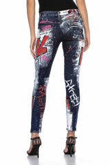 WD399 Pantalon femme Jeans biker avec imprimés et décorations colorées