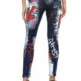 WD399 Damen Hose Bikerjeans mit Prints und Farbverzierungen
