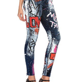 WD399 Damen Hose Bikerjeans mit Prints und Farbverzierungen