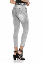 WD407 Mujeres Jeans delgados con un gran recorte de piedra en ajuste delgado
