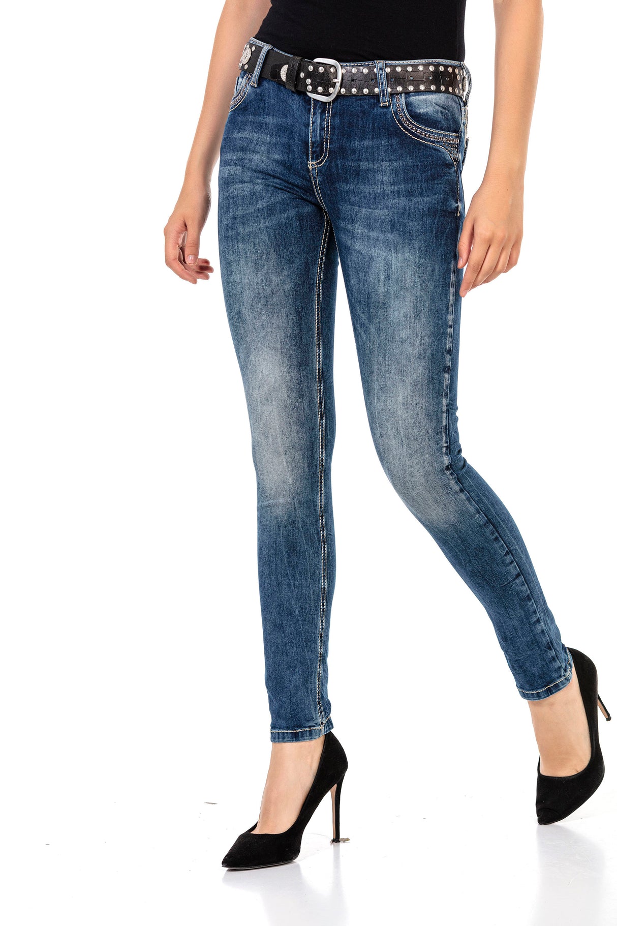 WD427 Women Comfortable Jeans with stone trimmings and brand embroidery
