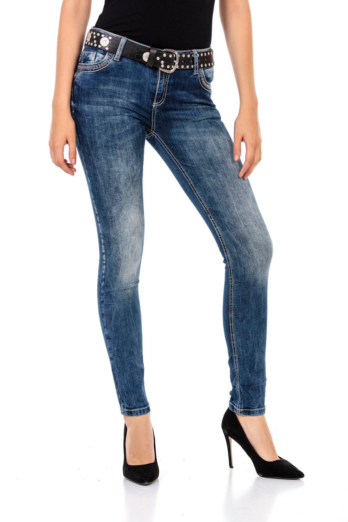 WD427 Women Comfortable Jeans with stone trimmings and brand embroidery