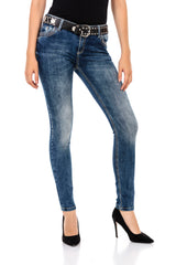 WD427 Women Comfortable Jeans with stone trimmings and brand embroidery
