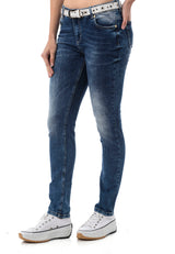 WD461 Damen Slim-Fit-Jeans im lässigen Used Look