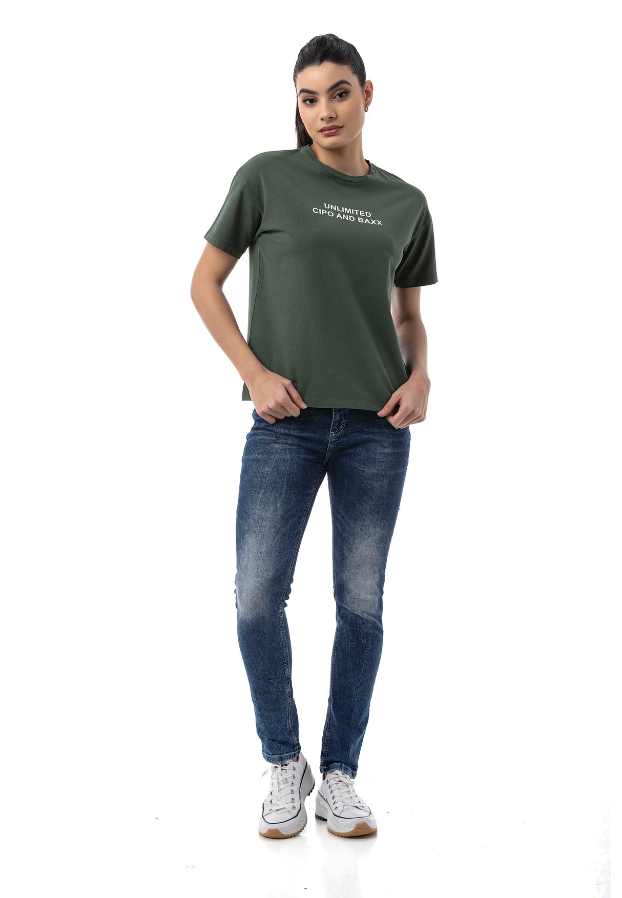 WD461 Damen Slim-Fit-Jeans im lässigen Used Look
