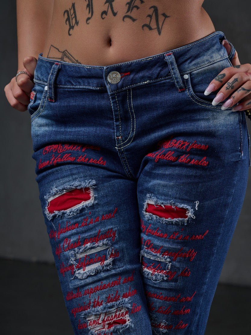 WD478 Dames Slim-Fit Jeans met gekleurde Cut-Outs