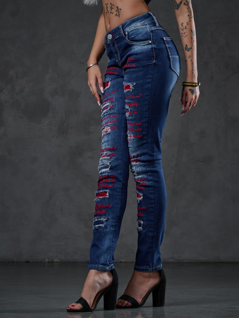 WD478 Dames Slim-Fit Jeans met gekleurde Cut-Outs