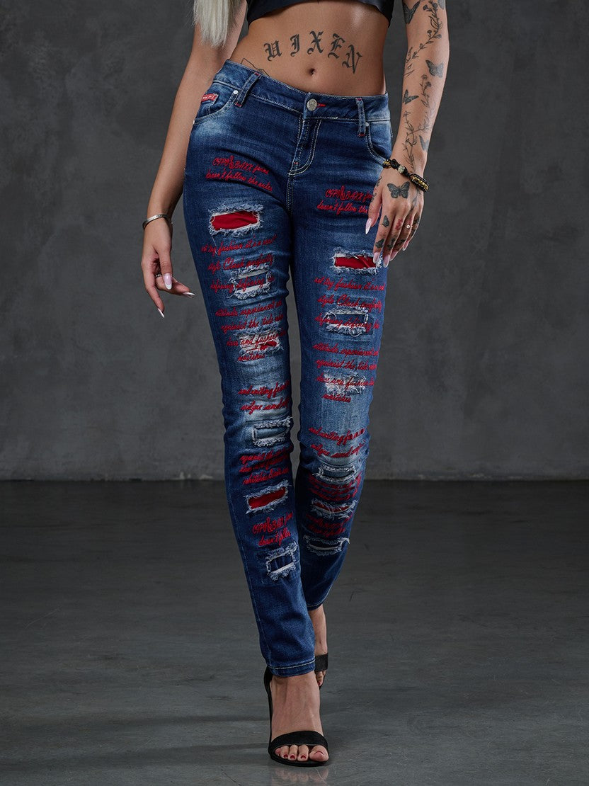 WD478 Dames Slim-Fit Jeans met gekleurde Cut-Outs