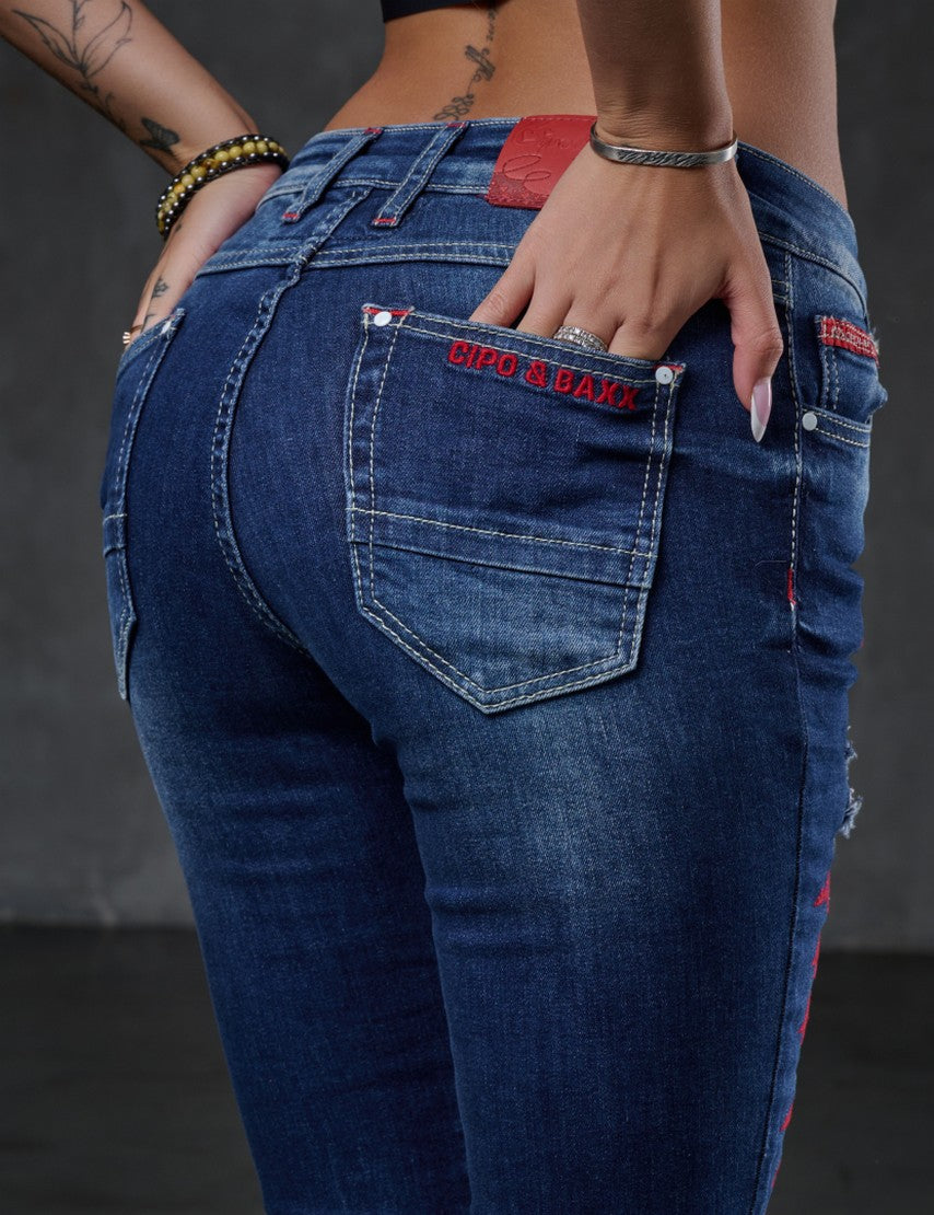 WD478 Dames Slim-Fit Jeans met gekleurde Cut-Outs