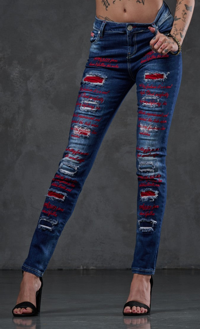 WD478 Dames Slim-Fit Jeans met gekleurde Cut-Outs