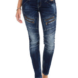 WD501 Damen Jeans Slim-fit mit Ziernähten Zippern und Markenlogo