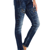 WD501 Damen Jeans Slim-fit mit Ziernähten Zippern und Markenlogo