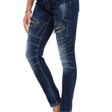 WD501 Damen Jeans Slim-fit mit Ziernähten Zippern und Markenlogo