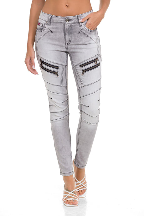 WD501 Jeans Slim-Fit para mujer con cremallera decorativa y logo