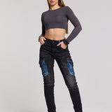 WD521 Women's Jeans Cargo Pockets with Applied for Skinny Jeans