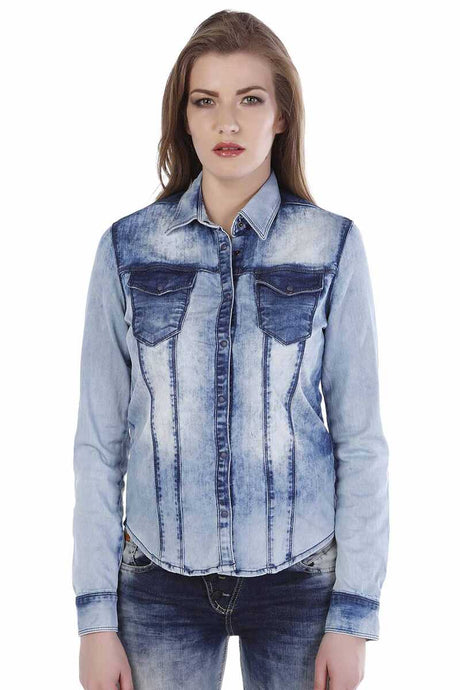 WH101 Chemise en jean pour femme avec un cool délavage décoratif