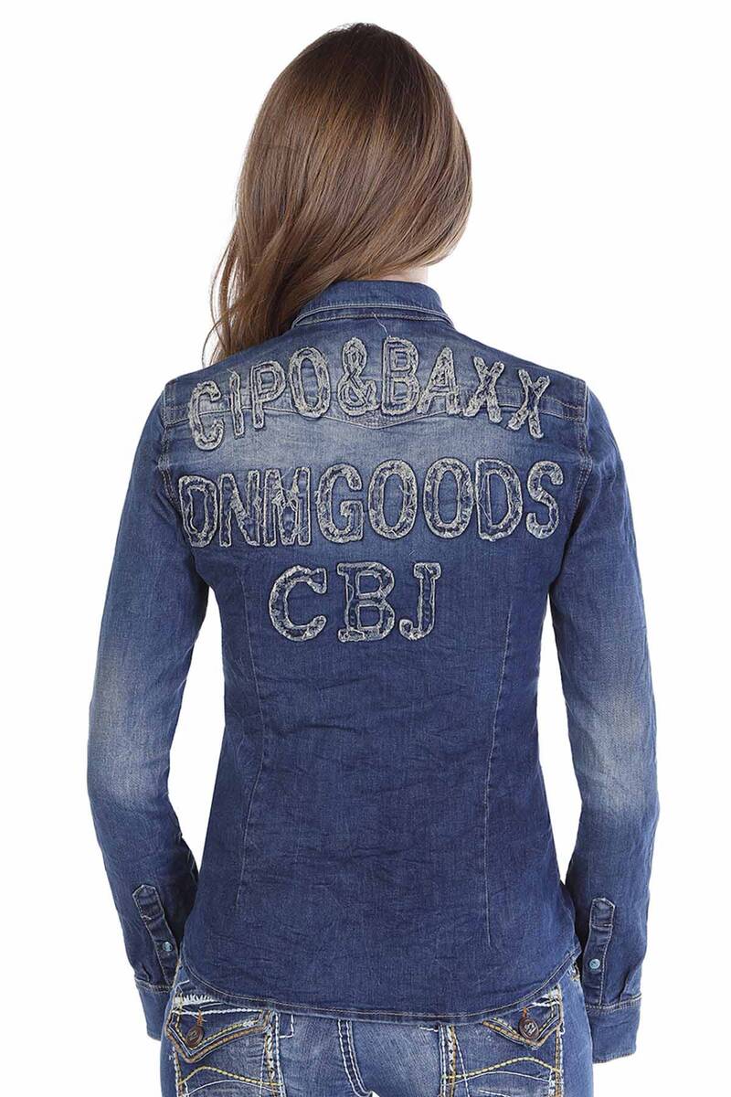 WH102 koszula damska jeansowa z aplikacją na plecach