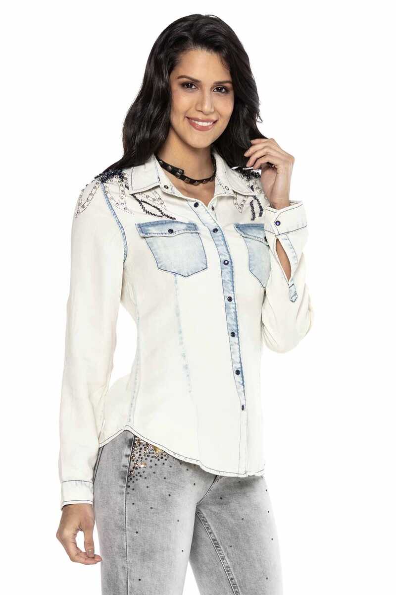 WH115 Camisa de mezclilla para mujeres con detalles decorativos geniales