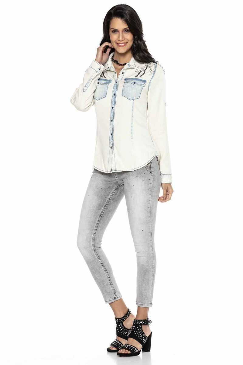 WH115 Camisa de mezclilla para mujeres con detalles decorativos geniales