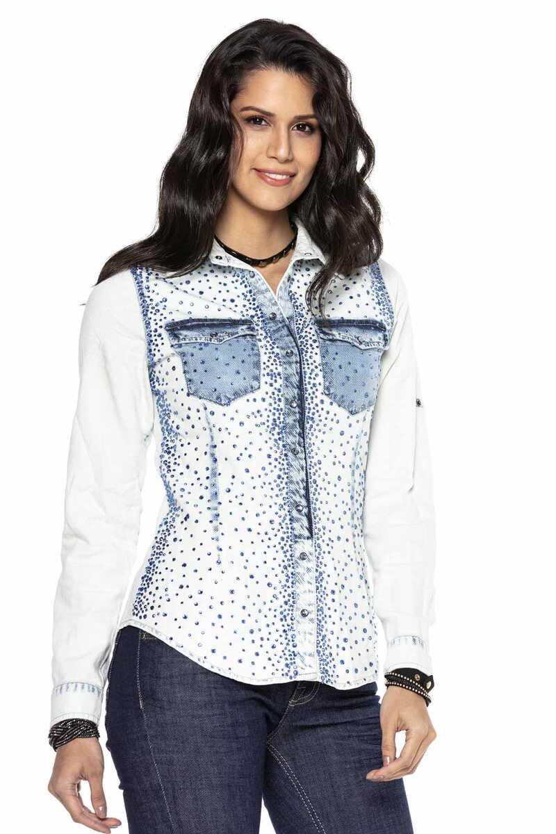 WH116 Chemise en jean pour femme avec pierres scintillantes