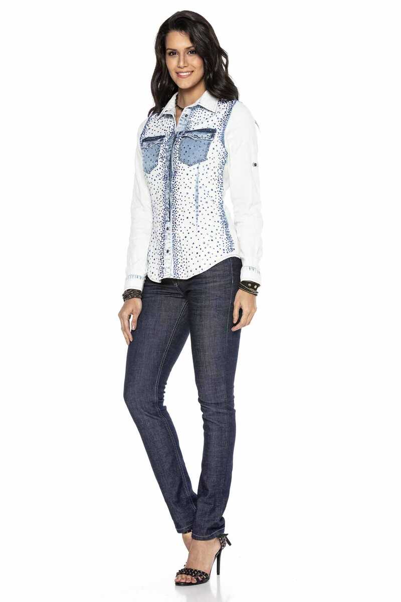 WH116 Chemise en jean pour femme avec pierres scintillantes