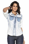 WH116 camicia di jeans da donna con scintillanti rifiniture in pietra