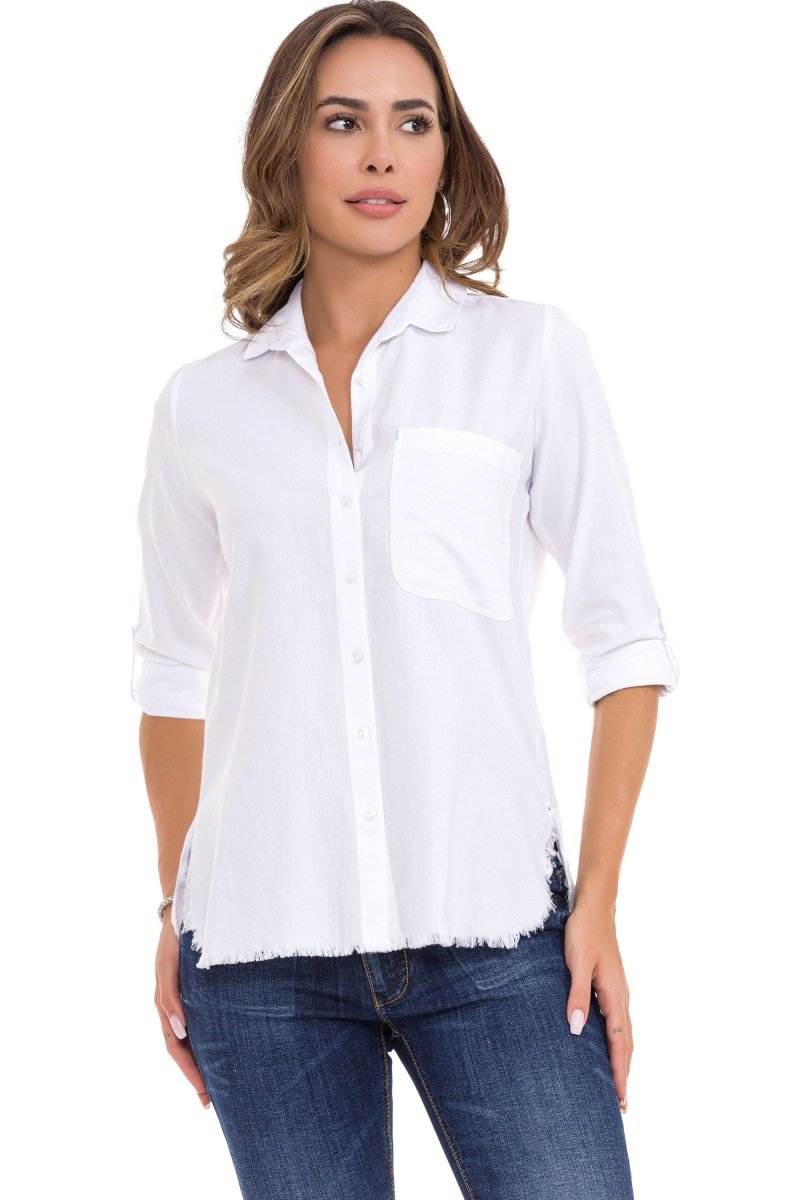 WH124 Chemise femme avec fente et détails effilochés