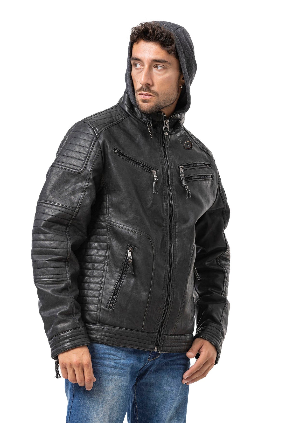 CM231 Herren Winterjacke – PU-Lederoptik | Reißverschluss & abnehmbare Kapuze