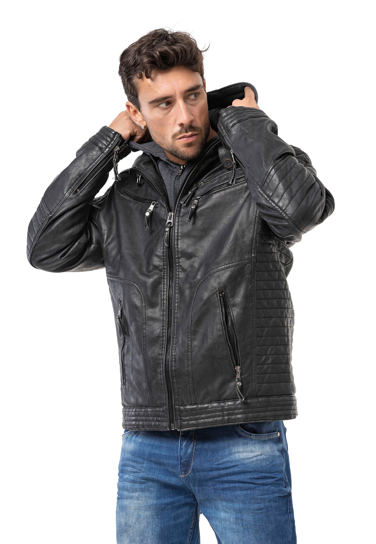 CM231 Herren Winterjacke – PU-Lederoptik | Reißverschluss & abnehmbare Kapuze