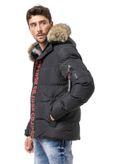 CM227 Men's winter jacket – Black | Warmly lined with fur hood & Cipo & Baxx front design