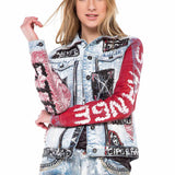 WJ162 Women's denim jacket with a colorful pattern