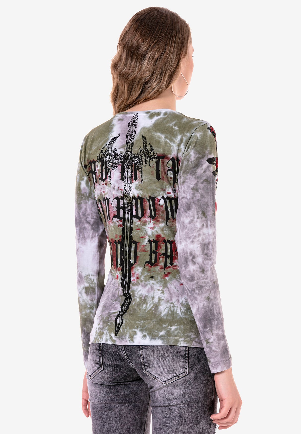 WL282 Mujeres camisa larga de mangas con piedra de brillo moderna