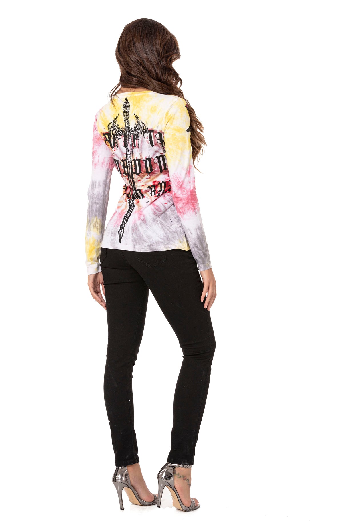 WL282 Mujeres camisa larga de mangas con piedra de brillo moderna