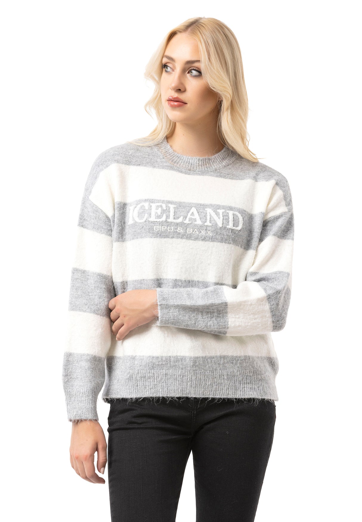 WP263 Damen Strickpullover – Gestreifter Pullover mit „ICELAND Copenhagen Studios“ Frontprint | Casual Streetwear für Alltag & Freizeit