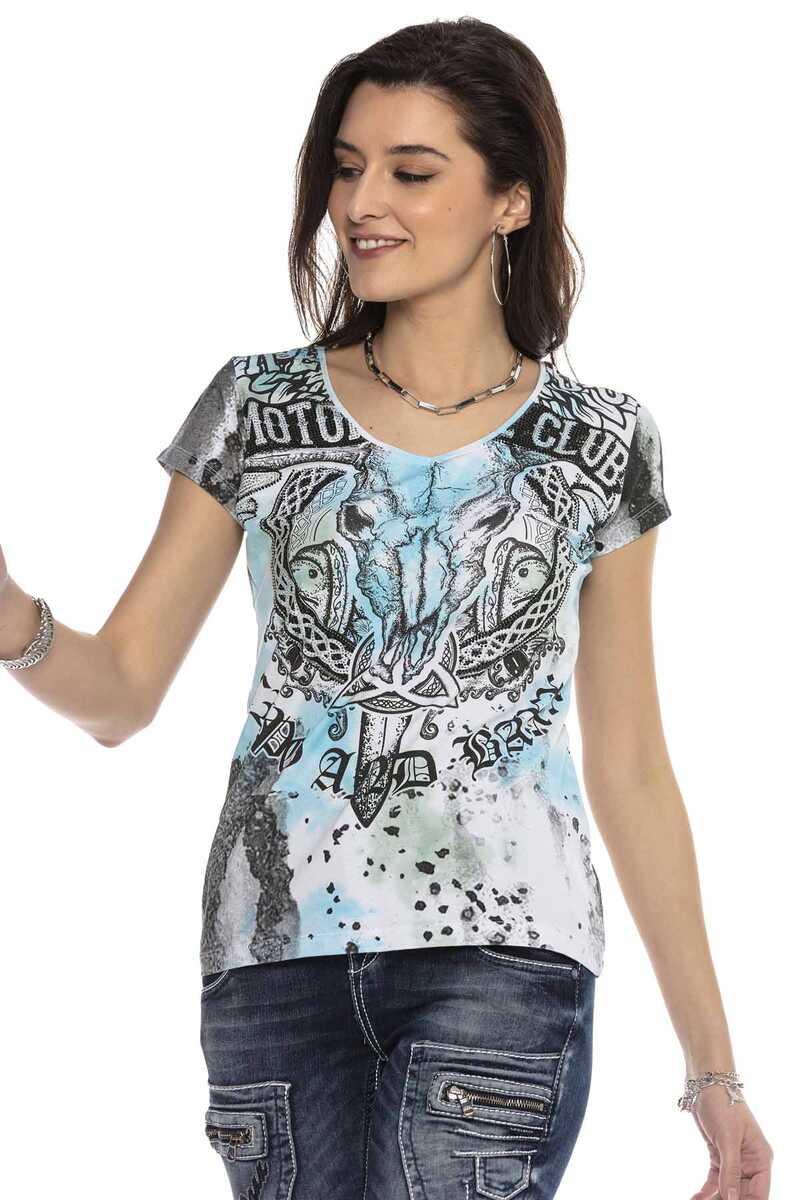 WT301 T-shirt damski z nadrukiem i kamieniami 