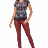 WT327 T-shirt damski z nadrukiem i kamieniami