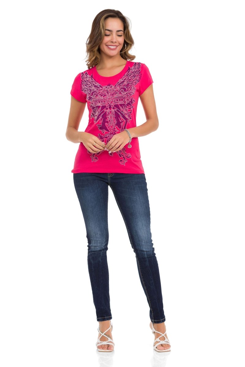 WT341 Camiseta  Estampado de alas con brillantes
