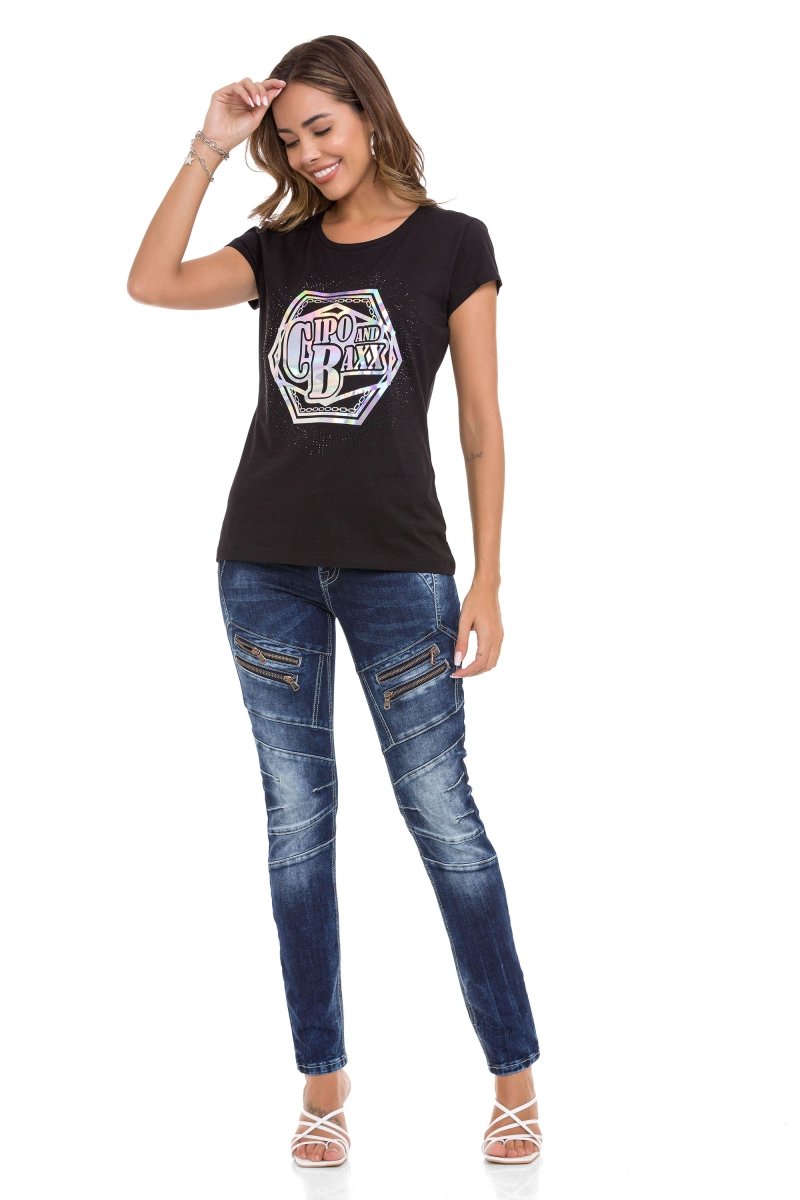 WT342 Camiseta  Estampado y piedras brillantes