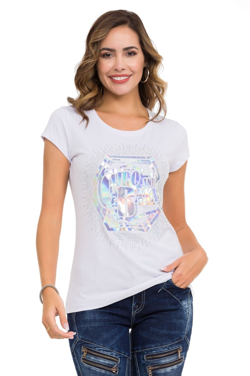 WT342 T-shirt damski z nadrukiem z folii i kamieniami