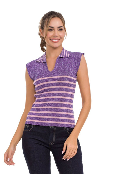 WT353 Ladies t-shirt polo neck striped knit fabric