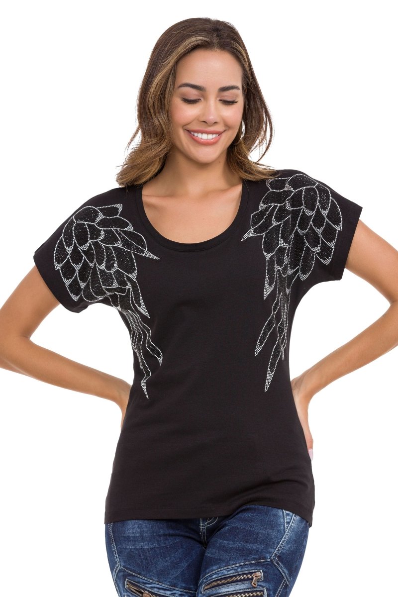 WT359 T-shirt pour femmes avec motifs d'aile d'application en pierre