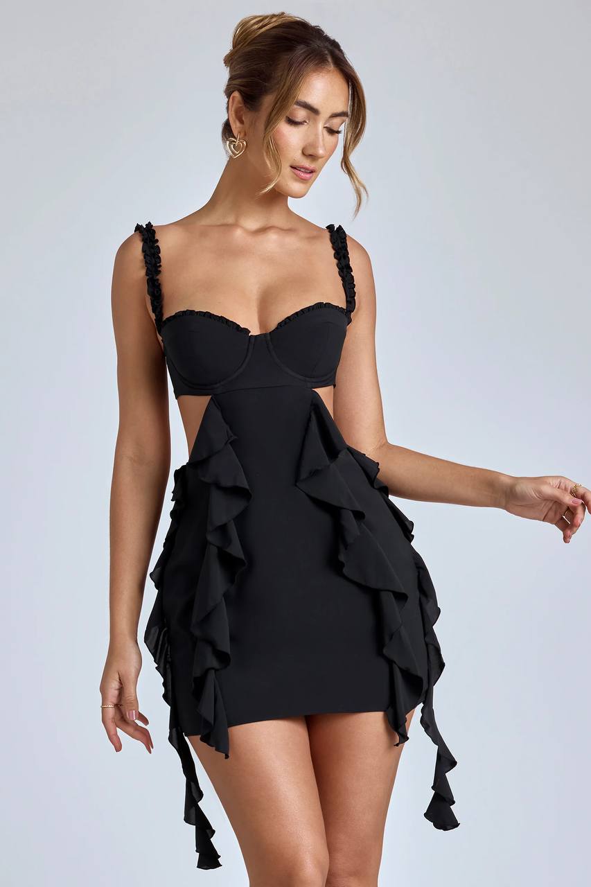 WY168 Robe d'été mini avec volants et décolleté plongeant