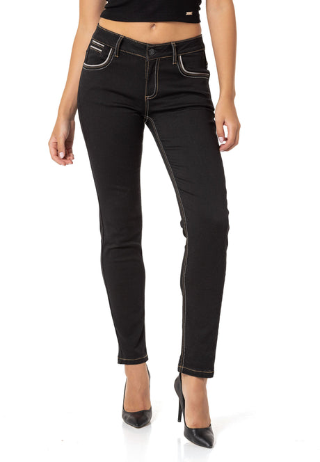 WD256 Damen Slim-Fit-Jeans mit bestickten Taschen in Slim Fit