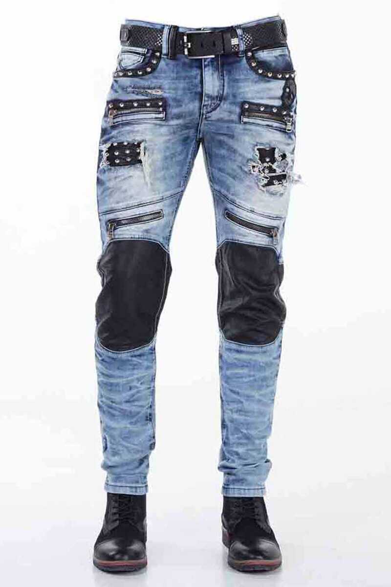 Jeans de hombres CD342 con aplicaciones de cuero sintético Remecho y diseño decorativo de costura