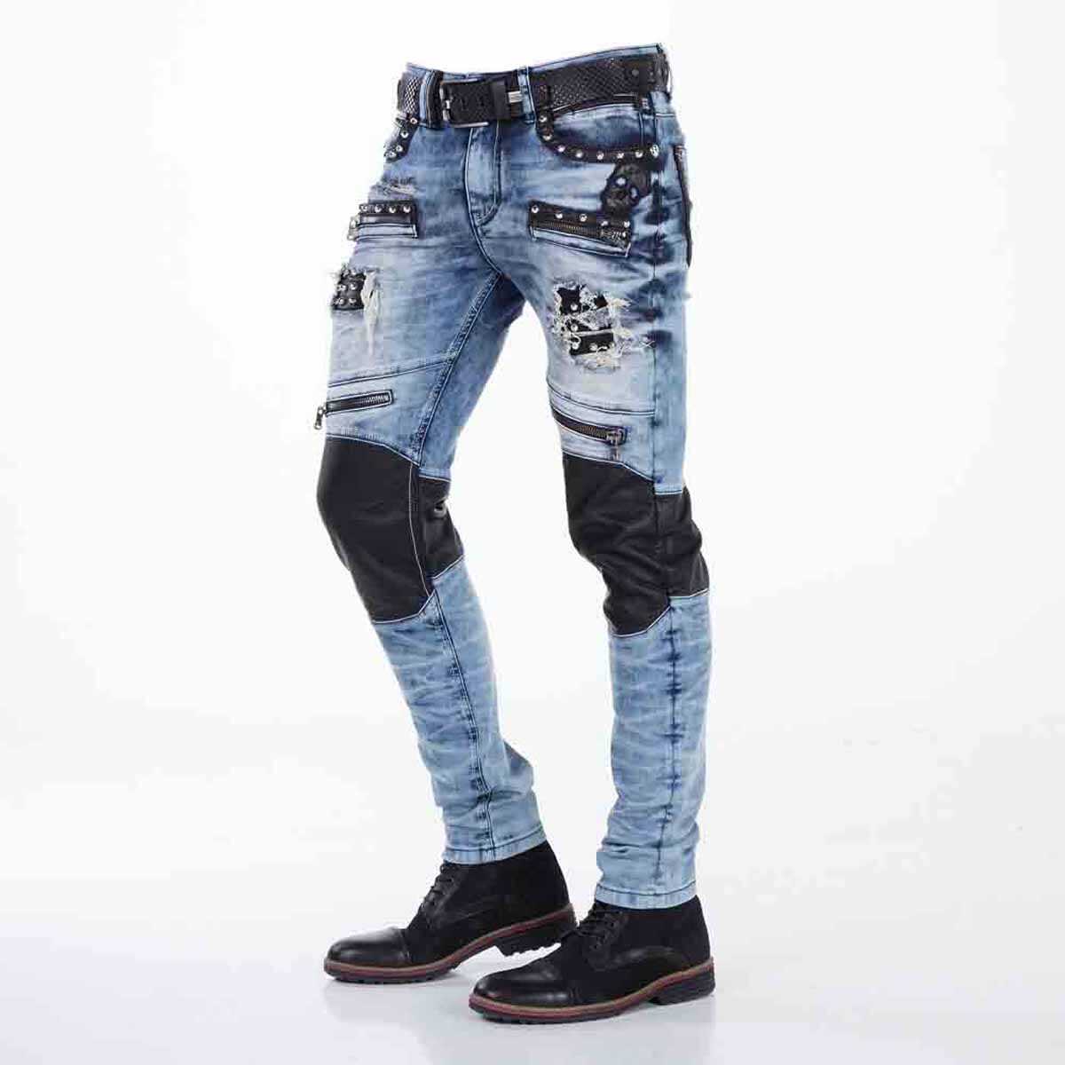 Jeans de hombres CD342 con aplicaciones de cuero sintético Remecho y diseño decorativo de costura